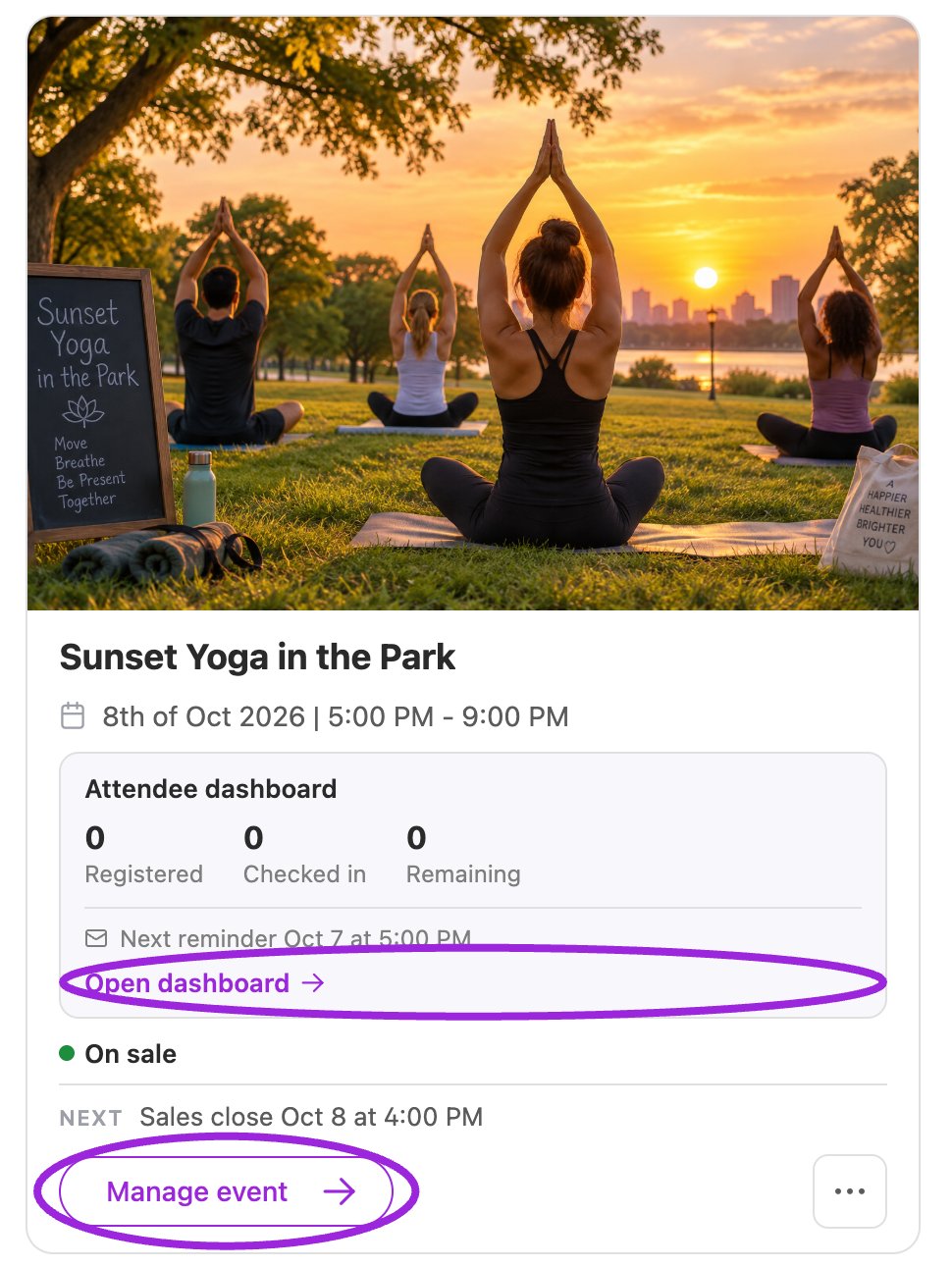 Sunset Yoga event card with Open dashboard and Manage event highlighted