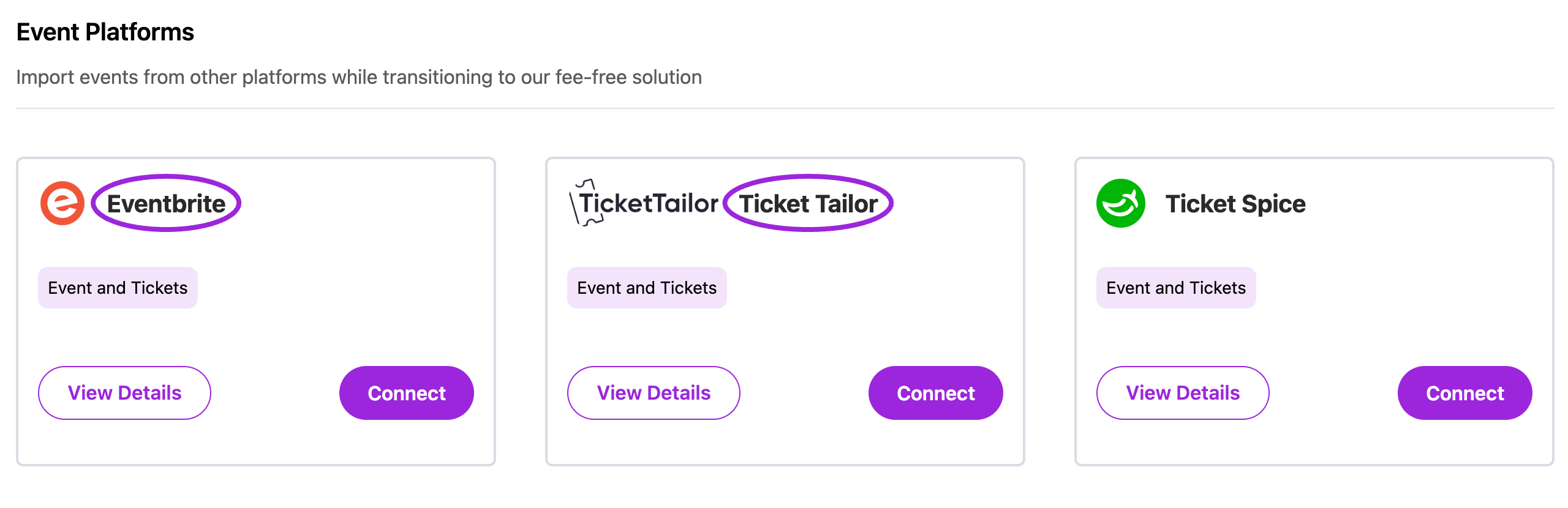 Event platform integration cards with Eventbrite and Ticket Tailor highlighted
