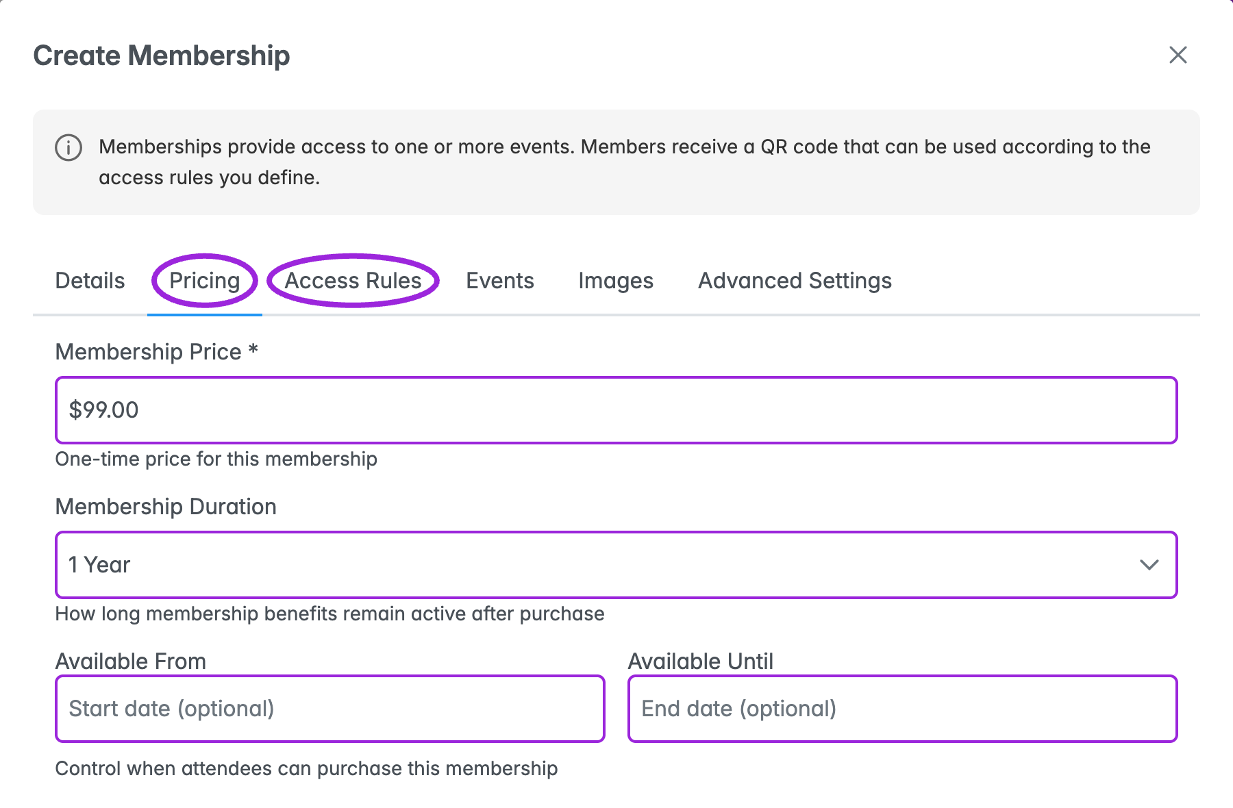 Create Membership editor with Pricing and Access Rules highlighted