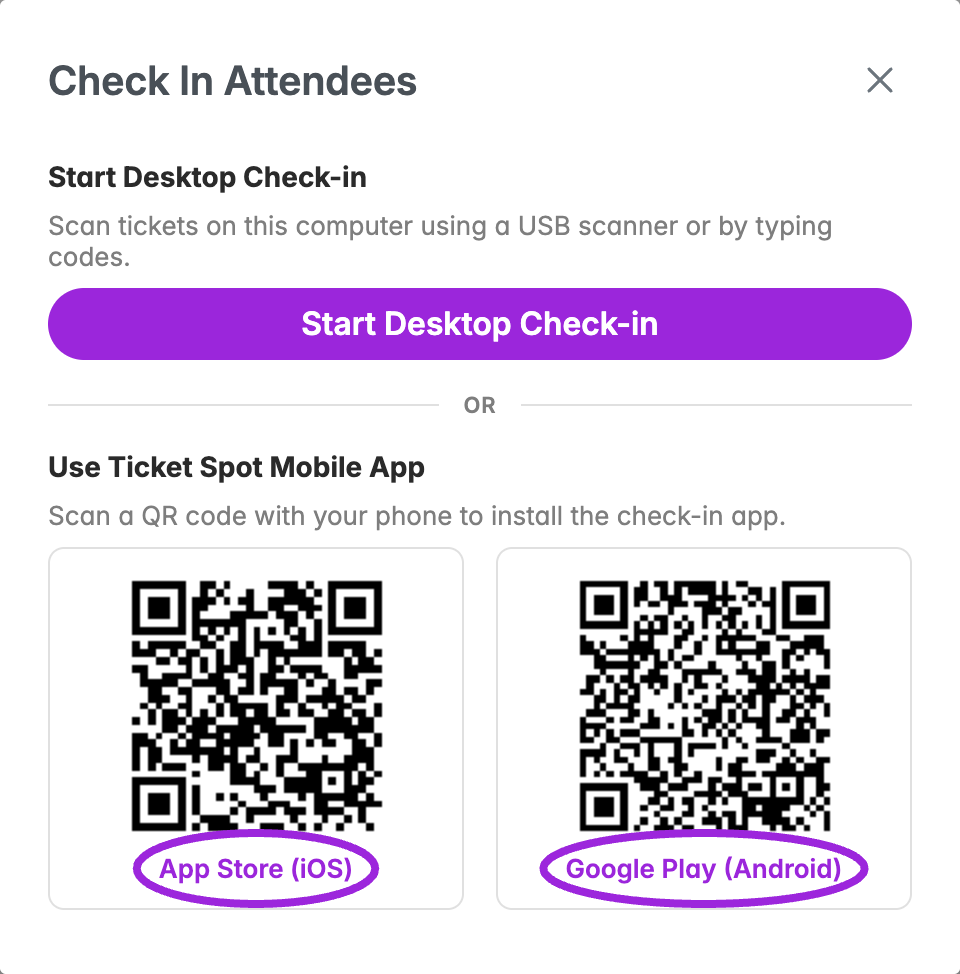 Check-in launcher with App Store and Google Play installation links circled