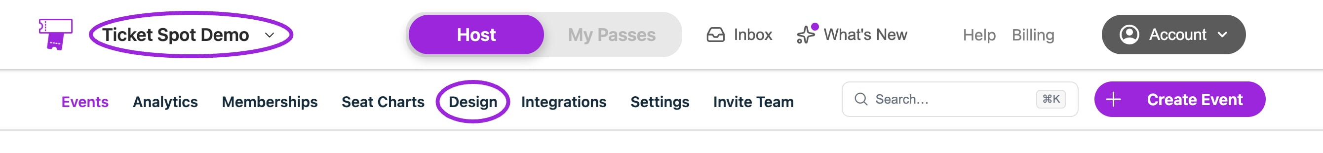 Ticket Spot Demo navigation with the site selector and Design highlighted