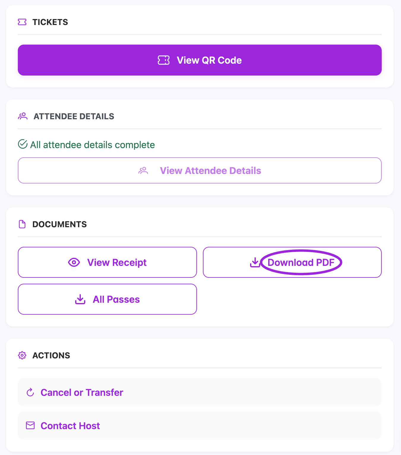 The built-in attendee ticket-page preview shows QR access, document downloads, and attendee actions.