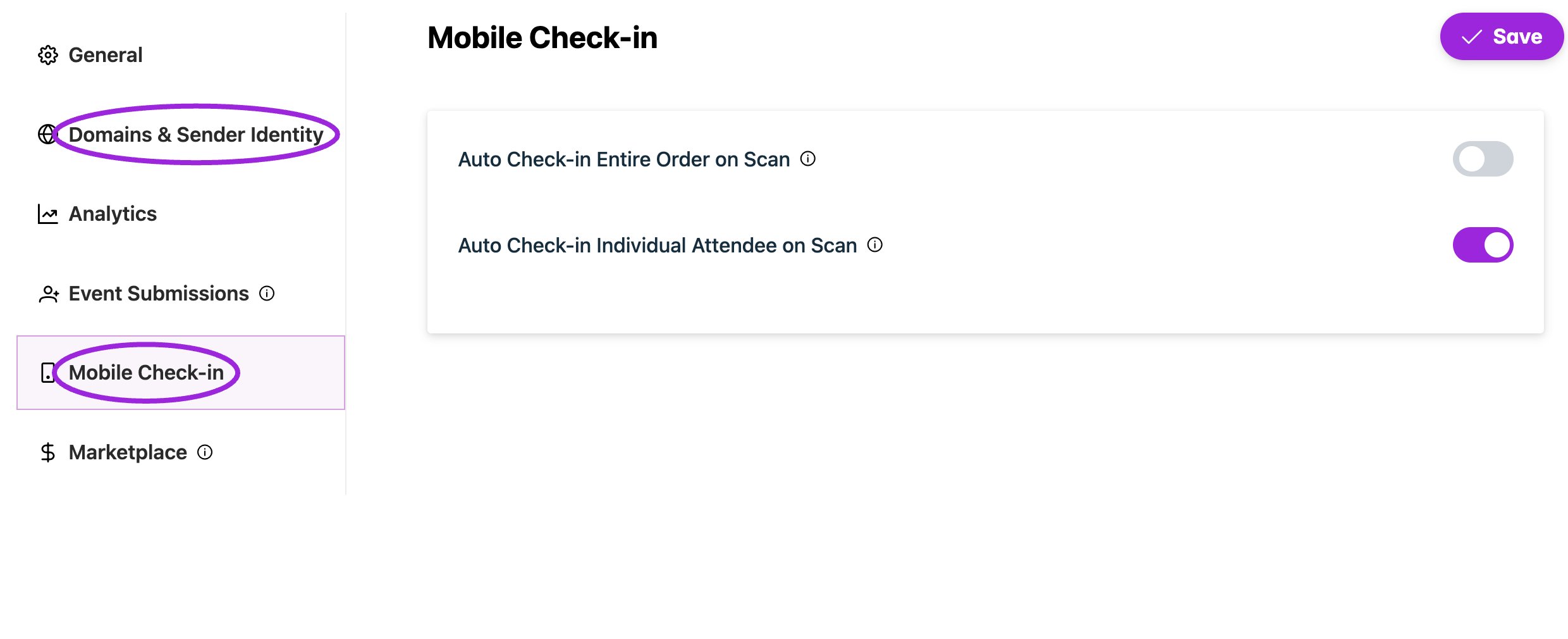 Settings navigation with Domains and Sender Identity and Mobile Check-in highlighted