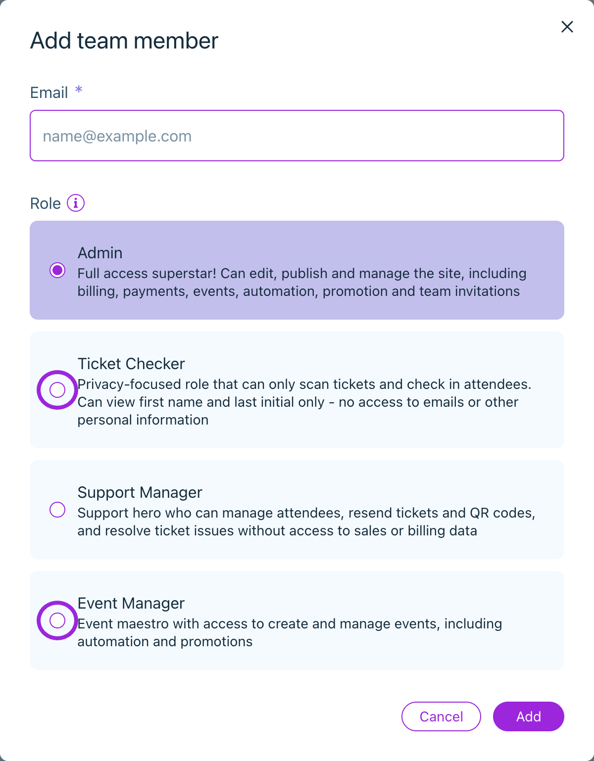 Add team member form with Ticket Checker and Event Manager role selectors circled