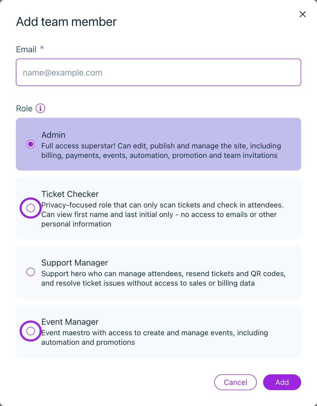 Add team member form with Ticket Checker and Event Manager role selectors circled