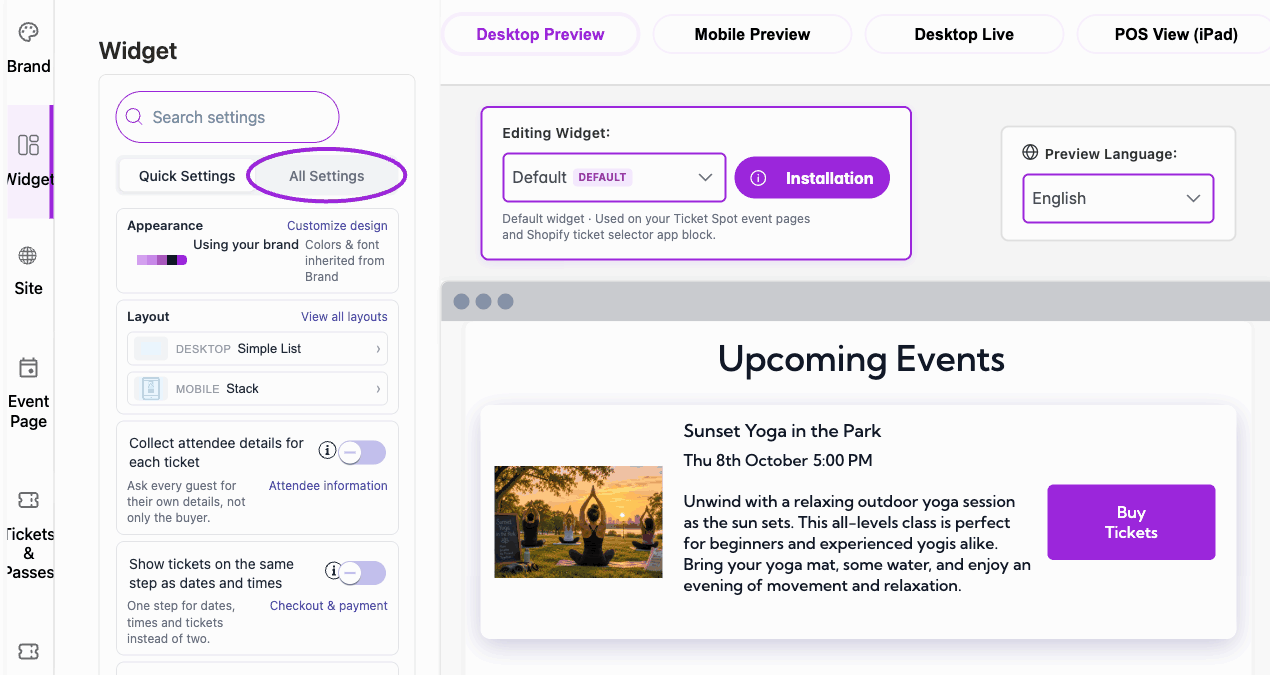 The widget editor zooms toward All Settings, opens it, and reveals the settings categories beside the live event preview