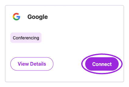 Open Integrations and choose Connect on the Google card. External authorization is a separate step.