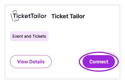 Open Integrations and choose Connect on the Ticket Tailor card. External authorization is a separate step.