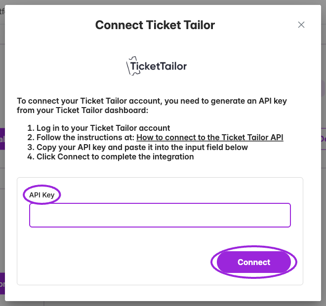 Paste a Ticket Tailor API key in the connection form. This capture uses an empty field and does not connect an account.