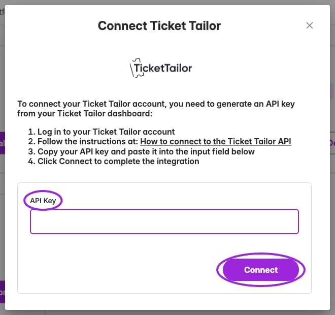 Paste a Ticket Tailor API key in the connection form. This capture uses an empty field and does not connect an account.