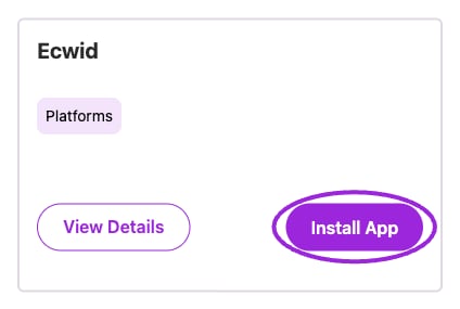 Ecwid integration card with Install App highlighted.
