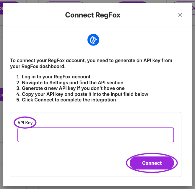 RegFox API Key field and Connect button.