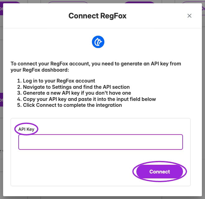 RegFox API Key field and Connect button.