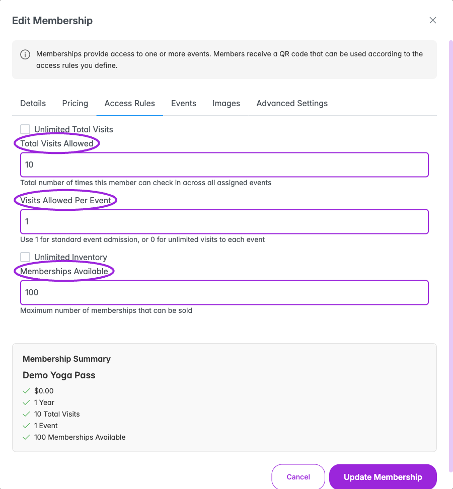 Set total visits, visits per event, and memberships available independently. This saved example allows ten visits, one per event, with 100 memberships for sale.