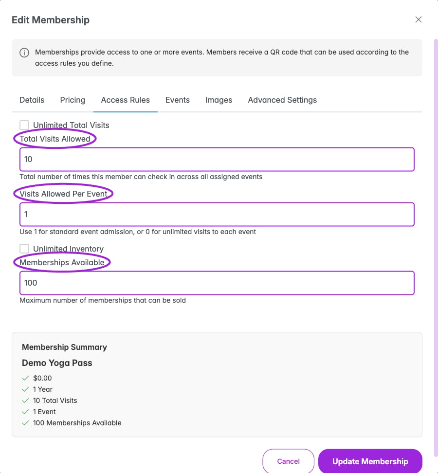 Set total visits, visits per event, and memberships available independently. This saved example allows ten visits, one per event, with 100 memberships for sale.