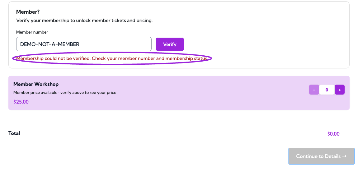 Membership verification error for an unrecognized Demo number