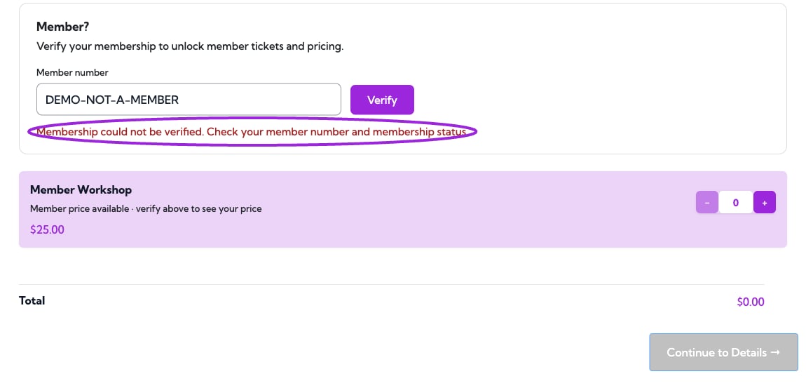 Membership verification error for an unrecognized Demo number