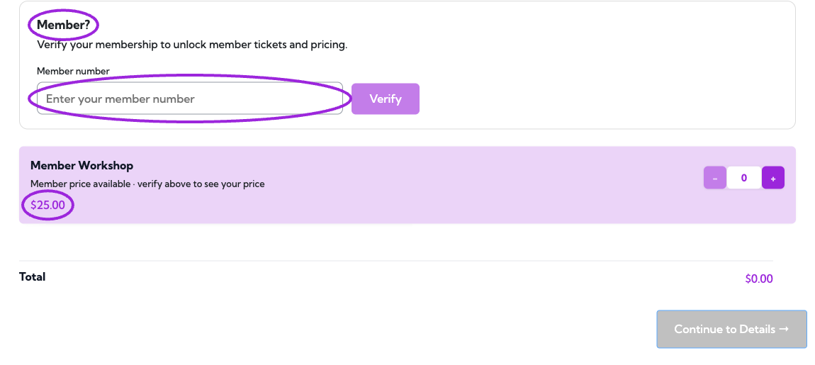 Member number entry and regular ticket price before verification
