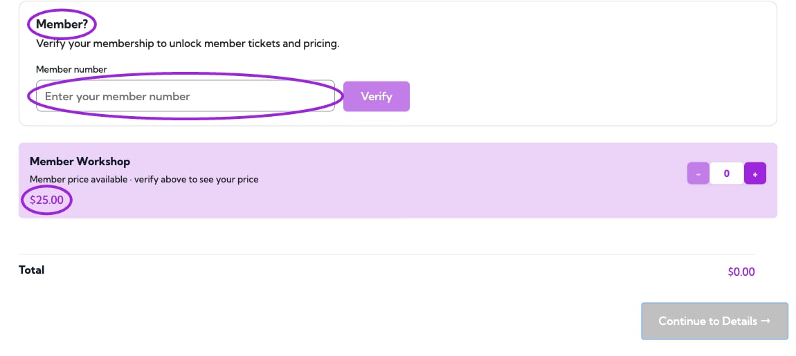 Member number entry and regular ticket price before verification