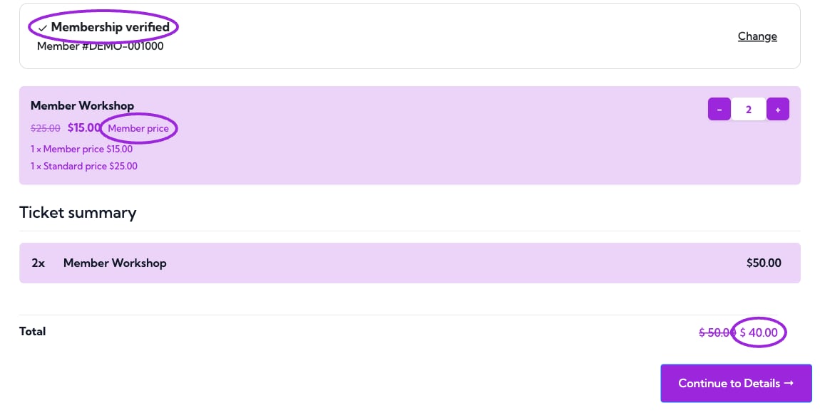 Verified membership, member price, and two-ticket total highlighted