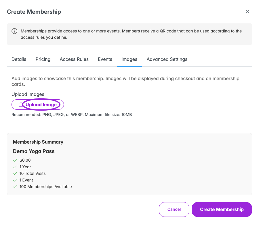 Images appear during checkout and on membership cards. Upload PNG, JPEG, or WEBP files within the displayed size limit.