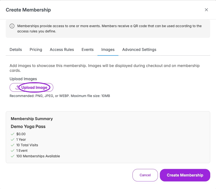 Images appear during checkout and on membership cards. Upload PNG, JPEG, or WEBP files within the displayed size limit.