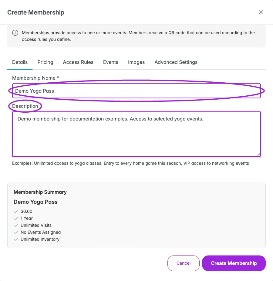 Name the membership and describe its benefits. This Demo Yoga Pass is a documentation example.