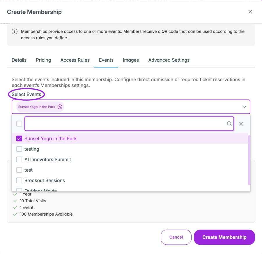 Select included events for the membership. Event-level Memberships settings decide whether holders enter directly or reserve a ticket.
