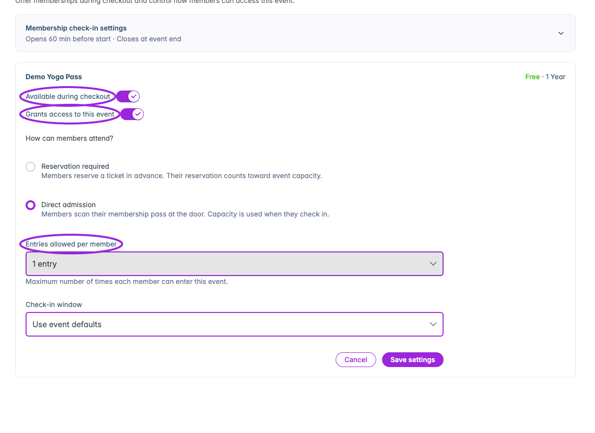 Edit settings separates selling the membership at checkout from granting event access. Choose direct admission or a required reservation and set entries per member.