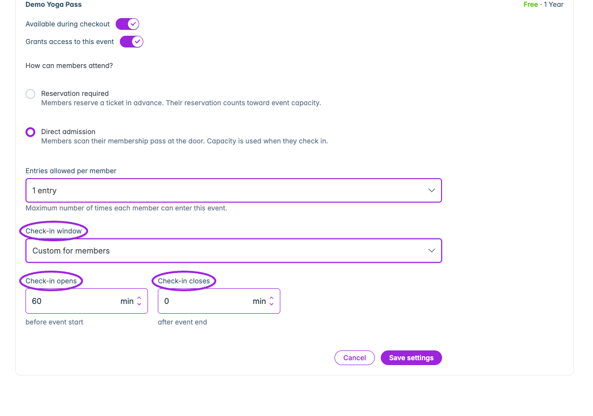 Direct admission can use a custom window: minutes before event start for opening, and minutes after event end for closing.