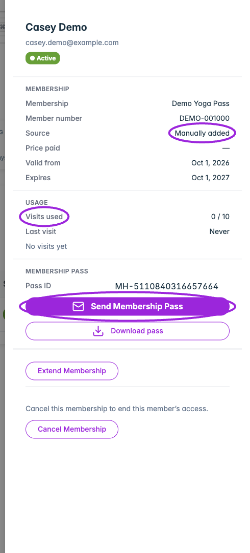 Synthetic member detail drawer with manual source, visits used, and Send Membership Pass highlighted