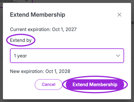 Extend Membership dialog showing a one-year extension and new expiration