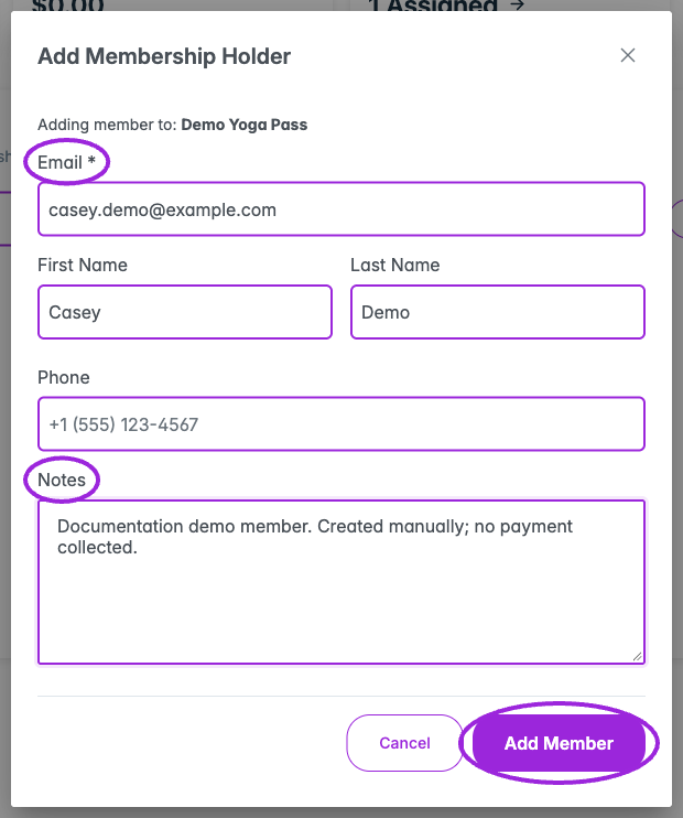 Add Membership Holder form with Email, Notes, and Add Member highlighted
