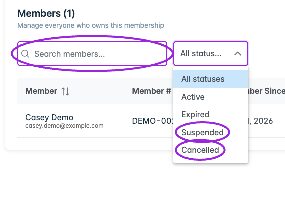 Member search and the expanded status filter