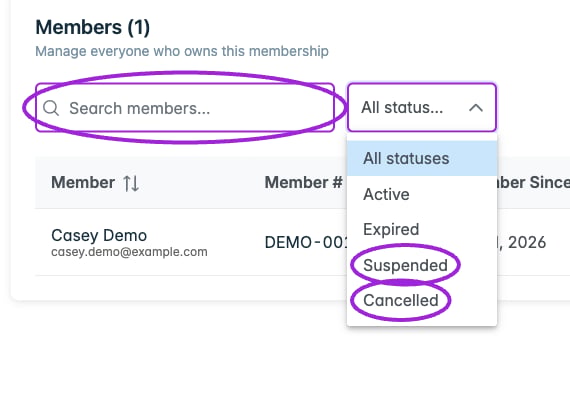 Member search and the expanded status filter