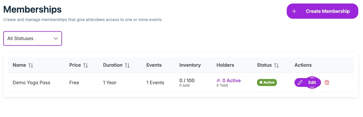 The membership list shows price, duration, event assignments, inventory, holders, and status. Edit reopens the program settings.