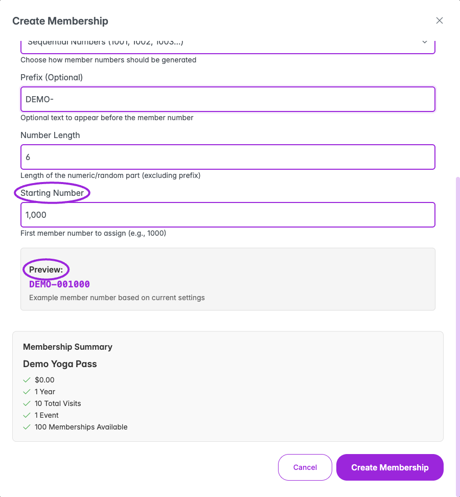 The preview combines the prefix with the selected number format. Number length applies to the generated portion, excluding the prefix.