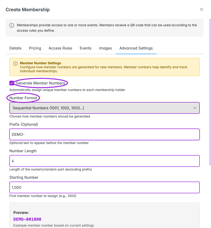 Enable member numbers and choose a format, prefix, length, and starting number. Review the preview before creating the membership.