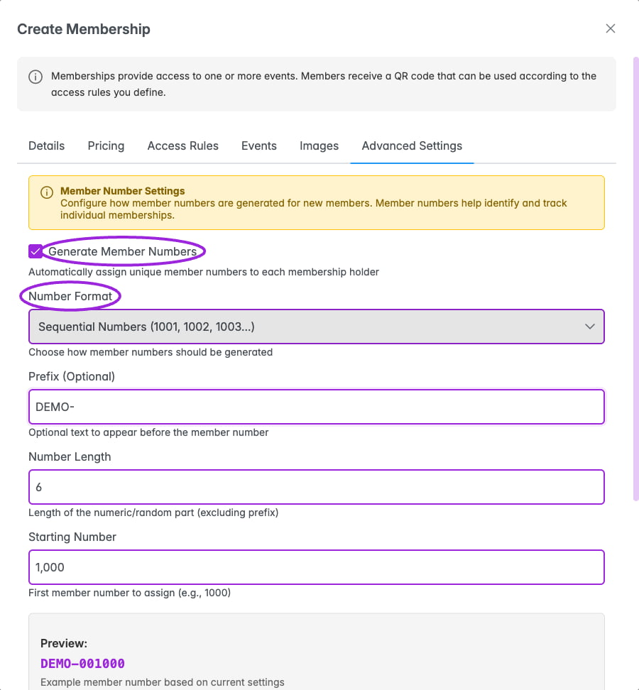 Enable member numbers and choose a format, prefix, length, and starting number. Review the preview before creating the membership.