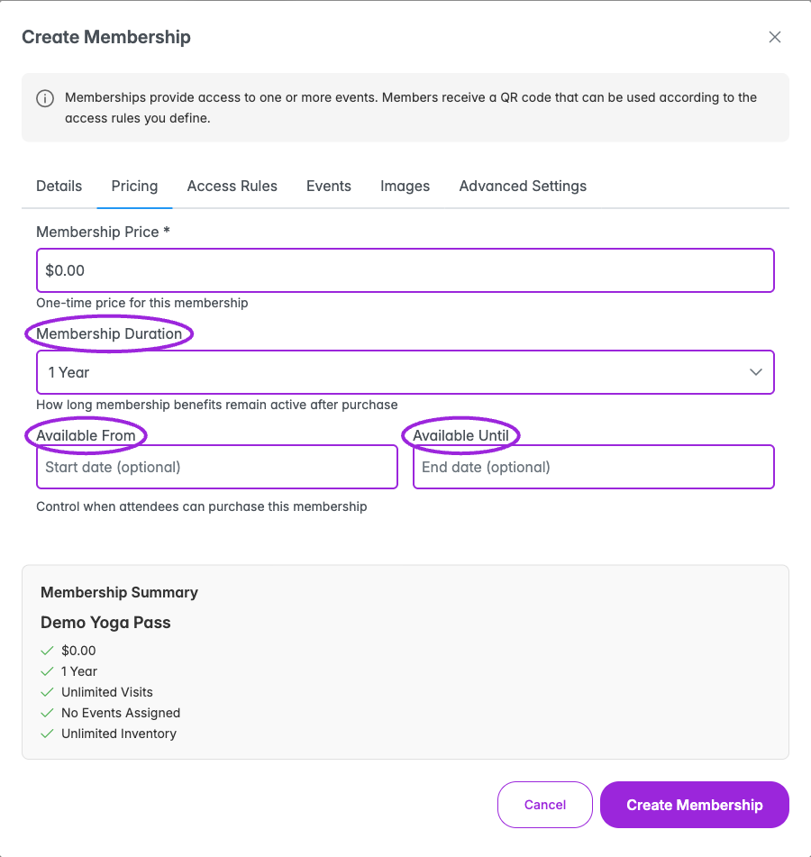 Set the one-time price, benefit duration, and optional membership sales window. The summary keeps these separate from visit limits.