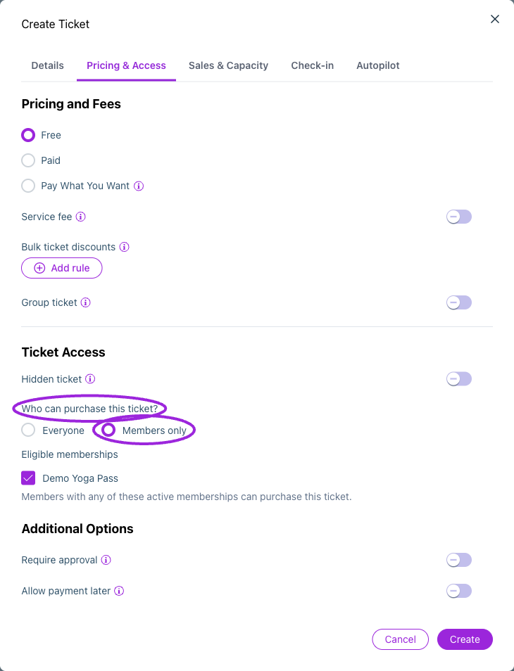 Members only restricts ticket purchase to the selected active membership programs. Choose at least one eligible membership, then save the ticket and event.