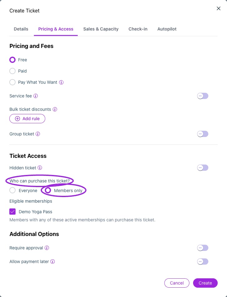 Members only restricts ticket purchase to the selected active membership programs. Choose at least one eligible membership, then save the ticket and event.