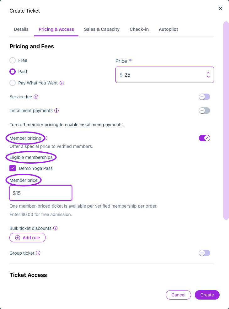 Enable Member pricing, select eligible programs, and enter a member price. This example offers a $15 member ticket against the $25 regular price.
