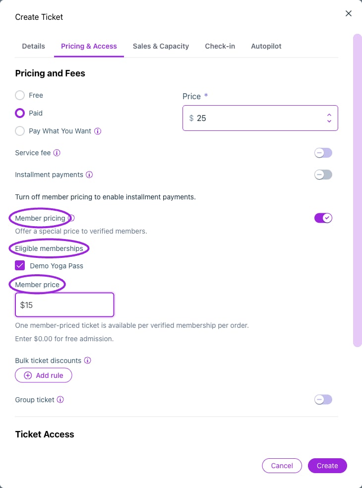 Enable Member pricing, select eligible programs, and enter a member price. This example offers a $15 member ticket against the $25 regular price.
