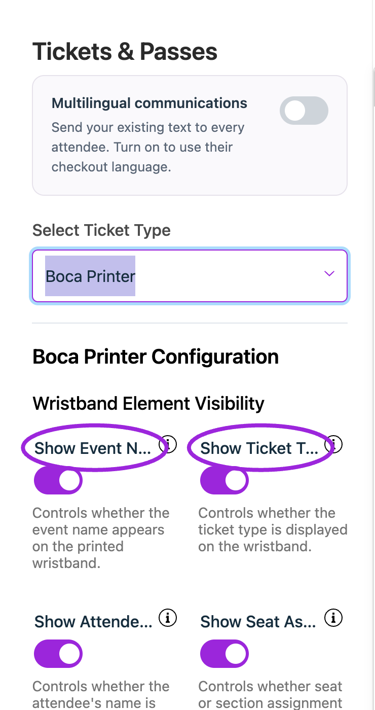In Design → Tickets & Passes, choose Boca Printer to configure its labels, visibility, and appearance. This is the current configuration panel.