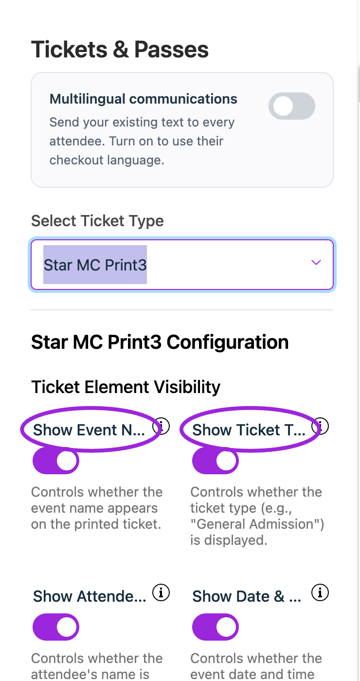 In Design → Tickets & Passes, choose Star MC Print3 to configure its labels, visibility, and appearance. This is the current configuration panel.