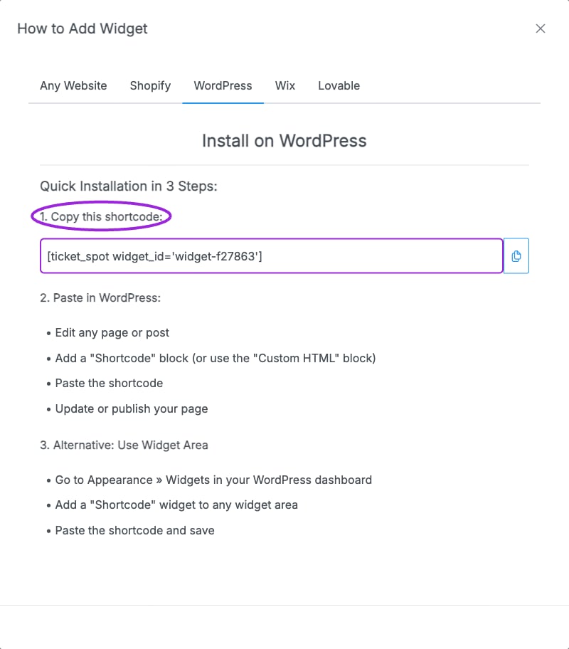 The WordPress installation tab gives the shortcode for the selected widget. Copy it into a Shortcode block on a site with the Ticket Spot plugin active.