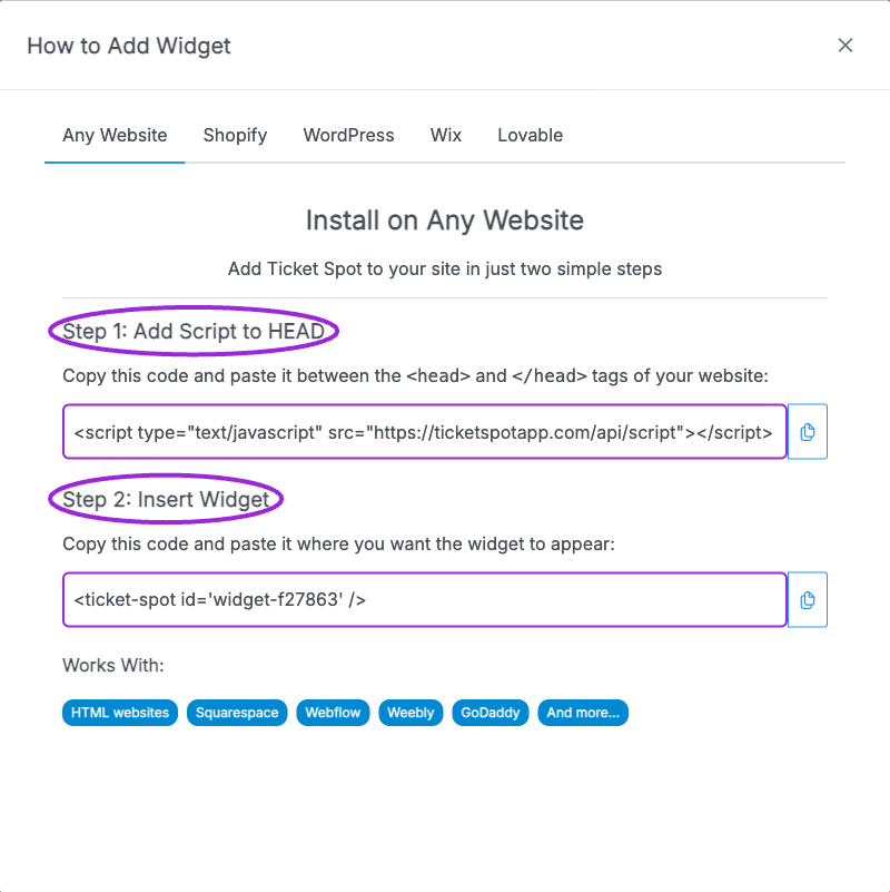 Any Website supplies two pieces: the script for the page head, then the widget container where the event list should appear.