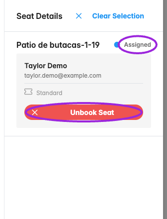 Assigned seat with Taylor Demo and Unbook Seat highlighted