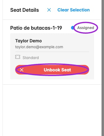 Assigned seat with Taylor Demo and Unbook Seat highlighted
